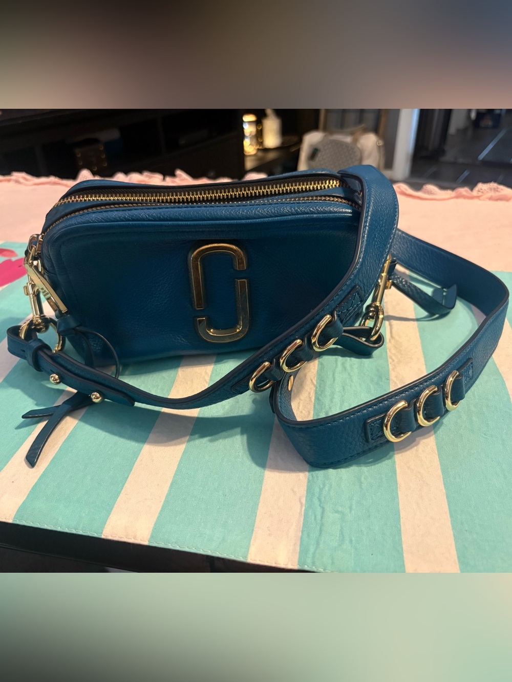 Marc Jacobs Blue Leather Crossbody Camera Bag with Gold Hardware
